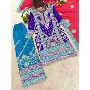 Designer Georgette Séquence Broderie Travail Style Indien Top Palazzo avec Dupatta Violet - Product Image 4