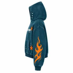Sweat à capuche pour homme en molleton bouclette de coton épais, coupe courte et oversize, avec poche, sérigraphie personnalisée, effet vieilli et délavé à l'acide - Product Image 6