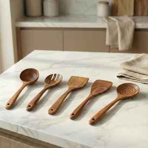 Ensemble d'ustensiles de cuisine en bois avec support, outils de cuisson rustiques faits à la main, cuillères et spatules en bois écologiques - Product Image 4