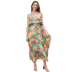 Vestido largo floral con cuello cuadrado para mujer, vestido de playa de manga corta - Product Image 1