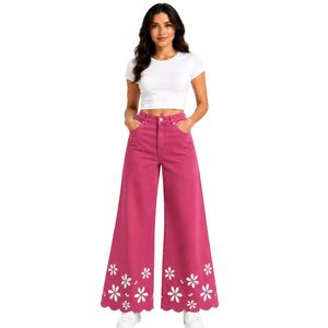 Pantalones Vaqueros Anchos de Mujer con Bordado Floral Rosa Personalizado, Cintura Alta, Algodón, Estilo Palazzo, Etiqueta Privada Personalizada, Moda Casual - Product Image 1