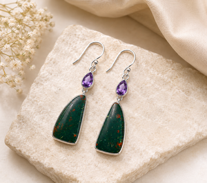 Natural Noreena Natural Bloodstone Amethyst Solid Sterling Silver Bohemia Water Drop <b>Dangle</b> <b>Earrings</b> Bezel Set Gemstone Drops - Product Image 5
