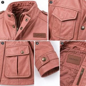 Chaqueta de cuero genuino para mujer, color rosa polvo, estilo utilitario, con cintura con cordón, cuatro bolsillos tipo cargo con solapa, cuello alto, estilo safari. - Product Image 6
