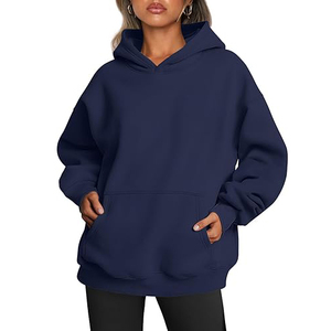 Unisex Oversized <b>Navy</b> Blue Hooded Sweatshirt Regular Sleeve Solid Color Pocket Casual <b>Fleece</b> Knitted Eco-Friendly Front Logo - Product Image 1