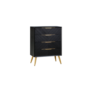 Contemporary Wooden <b>Tallboy</b> Dresser With Geometric Chevron Panels, Functional <b>Drawers</b> And Elevated Golden Legs For Bedroom - Product Image 1