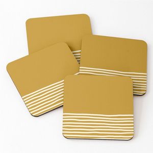 Ensemble de sous-verres jaunes moutarde personnalisés en gros, set de napperons modernes rayés, résistants à la chaleur, carrés, en liège et cuir PU, pour boissons - Product Image 1