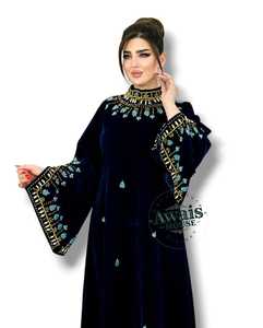 Awais House Women's Navy Velvet Beaded Embroidery Floor-Length Modest Formal Evening Dress V-neck Full Sleeve Natural Waist - Product Image 2