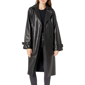 Manteau trench en cuir PU pour femme, manches longues, double boutonnage, col rabattu, coupe-vent, couleur unie, longueur intégrale - Product Image 4