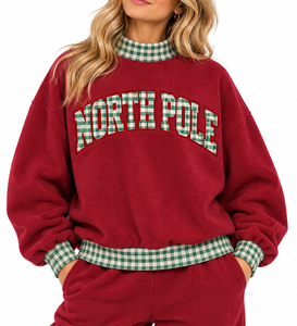 Sweat-shirt à col montant marron personnalisé pour femme, avec bordure en vichy rouge, broderie de décembre, manches longues, vêtements d'hiver - Product Image 1