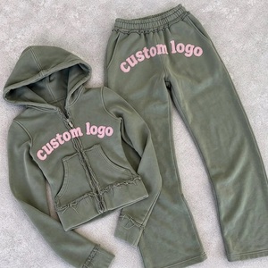 Winter Distressed Full Zip Pullover Towel Embroidery Tracksuit In 2 Pieces Cozy <b>Cropped</b> Top With Split Pockets For Street Walk - Product Image 2