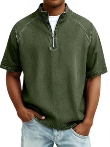 Polo Homme Vintage Américain Lavé, 100% Coton, Demi-Zip, Coupe Slim, Manches Courtes, Décontracté, Été, Logo Personnalisé - Product Image 3