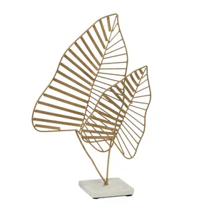 Sculpture moderne en métal doré à trois feuilles, 17 pouces, décoration de table botanique sur base en marbre pour salon et bureau - Product Image 2