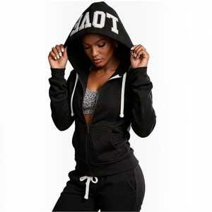 OEM/ODM Women's Solid <b>Hooded</b> <b>Zip</b>-Up Jogging Sets with Custom Embroidery White Letter Drawstring Pockets 100% Cotton Anti-shrink - Product Image 3