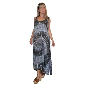 Vestido largo bohemio de rayón con efecto tie-dye gris para mujer, sin mangas, holgado, con cuello redondo, vestido largo de verano - Product Image 4
