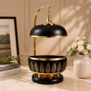Premium <b>Black</b> Serving Dish Crafted With Artistic Golden Leaf Design Elegant Metal Stand Premium Ceramic Bowl For Luxury Dining - Product Image 2