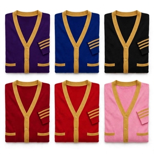 OEM Custom Winter Purple Gold Contrast Trim Knit <b>Cardigan</b> Unisex V Neck Stripe Sleeve Front Logo Preppy Varsity Sweater - Product Image 6