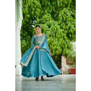 Vichitra Silk Sequins Zari Embroidered <b>Floor</b>-<b>Length</b> Ball <b>Gown</b> with Dupatta - Product Image 3
