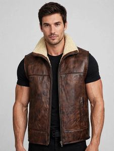 <b>Mens</b> Vintage Brown Leather Shearling Vest <b>Sheepskin</b> Winter Warm Fur <b>Gilet</b> Motorcycle Biker Jacket Sleeveless Pilot Bomber Coat - Product Image 1