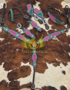 Handmade Custom Durable Pink Green Accent Genuine Leather Western Saddle Nickel-Plated <b>Hardware</b> Lightweight Seasonal Includes - Product Image 2