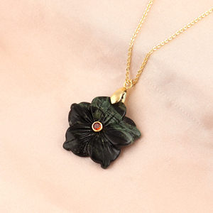 Minimalist kambaba jasper hand carved floral pendant necklace <b>with</b> red cz bezel set stone statement 18k gold plated brass chain - Product Image 6