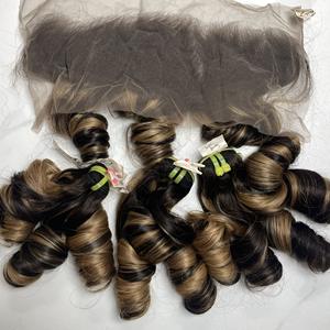 Cheveux humains vierges vietnamiens de qualité supérieure, super double trame, bouclés et rebondissants, blond piano, paquet et fermeture en dentelle transparente - Product Image 4