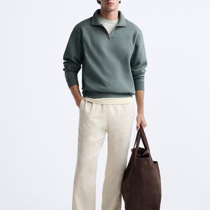 Men's Quarter Zip Fleece Sweatshirt Solid Color Stand Collar Regular Fit Casual Autumn Wear 100% Cotton Knitted Breathable - Product Image 6
