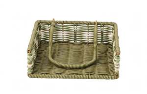 Porta Servilletas Cuadrado de Ratán Tejido a Mano en Verde Oliva y Blanco Marfil con Asa Central / Cesta Pequeña de Almacenamiento / Dispensador de Pañuelos Estilo Bohemio - Product Image 2