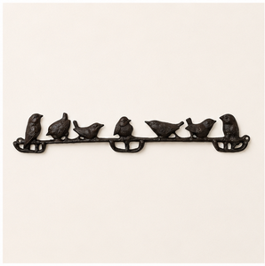 Perchero de pared decorativo vintage de hierro fundido negro antiguo con diseño de pájaros en rama, con 5 ganchos para llaves y perchas para abrigos, ideal para la entrada. - Product Image 1