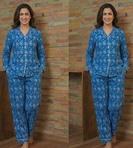 ชุดนอนผ้าฝ้ายทอเย็นสบายลายพิมพ์บล็อกด้วยมือจากเมืองชัยปุระ อินเดีย สำหรับผู้หญิง ขายส่งแบบสองชิ้น - Product Image 4