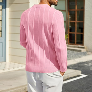 Suéter Polo de Punto para Hombre, Manga Larga, Color Rosa Sólido, Estilo Casual de Primavera, Cierre con Botones - Product Image 3