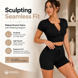 Conjunto deportivo de dos piezas sin costuras para mujer, con top corto con cremallera y pantalones cortos de cintura alta, ropa deportiva informal. - Product Image 5