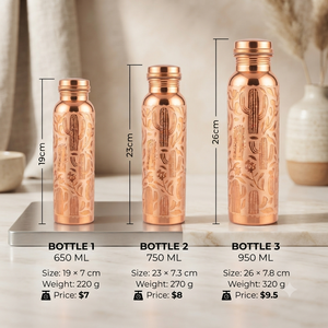 Bouteille d'eau artisanale en cuivre avec motif de cactus gravé, couvercle à vis anti-fuite, bouteille à boire ayurvédique réutilisable pour les voyages - Product Image 6
