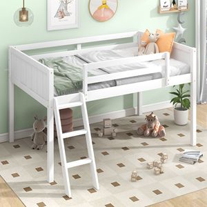 Letto a soppalco basso bianco per bambini, misura Twin, con scaletta, opzioni di posizionamento scaletta a sinistra o a destra - Product Image 1