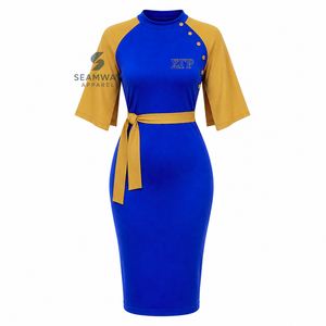 เดรสทรงบอดี้คอนสีน้ำเงินและทองตัดกันของ Sigma Gamma Rho สำหรับผู้หญิง แขนเสื้อแบบเคป แต่งกระดุมผูกเอวทรงเข้ารูป - Product Image 1