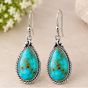 Muhave Turquoise <b>Silver</b> <b>Dangle</b> <b>Earrings</b>, 925 <b>Sterling</b> <b>Silver</b> Turquoise <b>Earrings</b>, Teardrop Blue Gemstone <b>Earrings</b>, Boho Southwest - Product Image 1