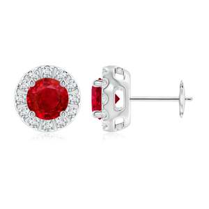 Boucles d'oreilles clous en or jaune 14 carats avec halo de diamants et rubis naturels, élégantes, pierre de naissance de juillet, bijoux fins pour femmes - Product Image 1