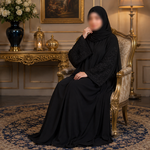 Abaya Bordada a Mano |   Vestido musulmán modesto negro Nida para mujer con intrincados detalles en las mangas, ropa islámica de longitud completa, moda elegante. - Product Image 3