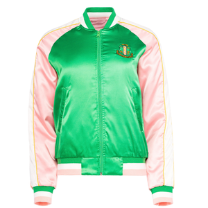 Crest Satin Bomber <b>Jacket</b> Pink and Green <b>Women</b> Sorority Inspired Embroidered Varsity Coat <b>Lightweight</b> Casual Greek Style - Product Image 1