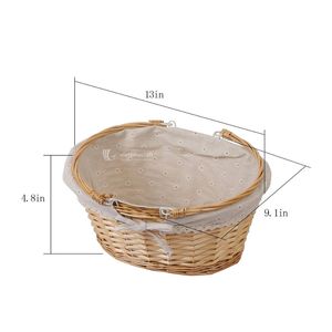 Panier de pique-nique en osier avec doublure en tissu amovible, panier de rangement ovale en saule avec poignées, panier à fruits et à pain de style campagnard - Product Image 2