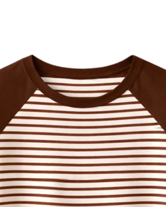 Camiseta Raglán Personalizada a Rayas Marrón Café y Blanco, de Algodón, Informal, para Verano, con Mangas en Contraste y Cuello Redondo, Fabricante OEM - Product Image 5