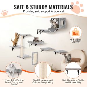 Árbol para Gatos Montado en la Pared con Estantes, Perchas, Plataformas de Salto, Hamaca, Sofá y Rascador - Product Image 3