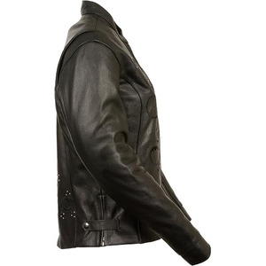 Veste en cuir noire pour femme, manches longues, broderie en strass, toutes saisons, vêtements de moto - Product Image 2