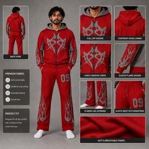 Conjunto Deportivo Gráfico Rojo y Gris para Hombre con Chaqueta con Capucha y Cremallera y Pantalones Anchos para Ropa Casual de Calle - Product Image 6