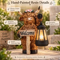 Statue de vache des Highlands écossais, style campagnard, à énergie solaire, décorations d'ambiance avec panneau de bienvenue