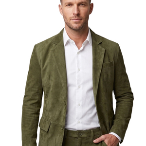 Traje de Dos Piezas de Gamuza Verde Oliva para Hombre, Marca Leather Cult, Blazer de Solapa con Muescas y Cierre de un Solo Botón - Product Image 2
