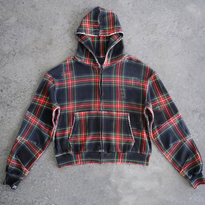 Sweat à capuche zippé surdimensionné pour homme, en coton gaufré vintage à carreaux, avec logo personnalisé et impression intégrale de haute qualité, effet vieilli - Product Image 1