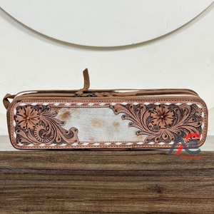 Sacs cosmétiques en cuir de vachette de qualité supérieure, motif floral, style bohème, fermeture à glissière, résistants à la chaleur, étui pour boucleur de cheveux - Product Image 1