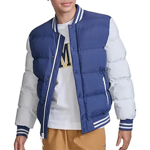 <b>Men's</b> Blue <b>White</b> Canvas Varsity Jacket Hooded Stand Collar Zipper Closure Windproof Polyester Puffer <b>Coat</b> Regular Fit Winter - Product Image 2