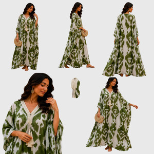 Robe kimono en mousseline de soie verte à imprimé géométrique pour femme, manches 3/4, longue et fluide, idéale comme paréo de plage - Product Image 3