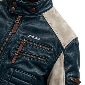 Amkoor Men's Genuine Leather Motorcycle <b>Jacket</b> <b>Slim</b> <b>Fit</b> Stand Collar Zipper Closure Solid Color Autumn Biker <b>Jacket</b> - Product Image 6